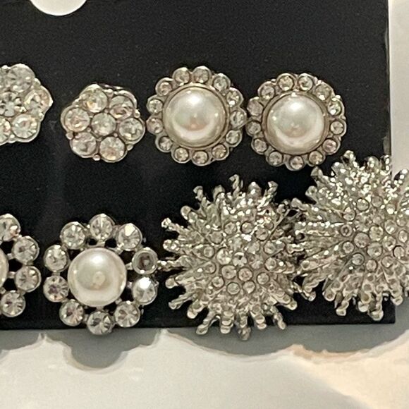 Noir Rhinestone Occasion Earring Set Silver Plated Brass Faux Pearls CZ 6 Pairs - Picture 4 of 6